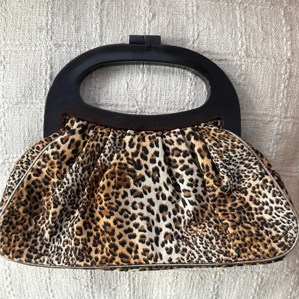 Vintage Velvet Leopard Print Handbag with Dark Handle